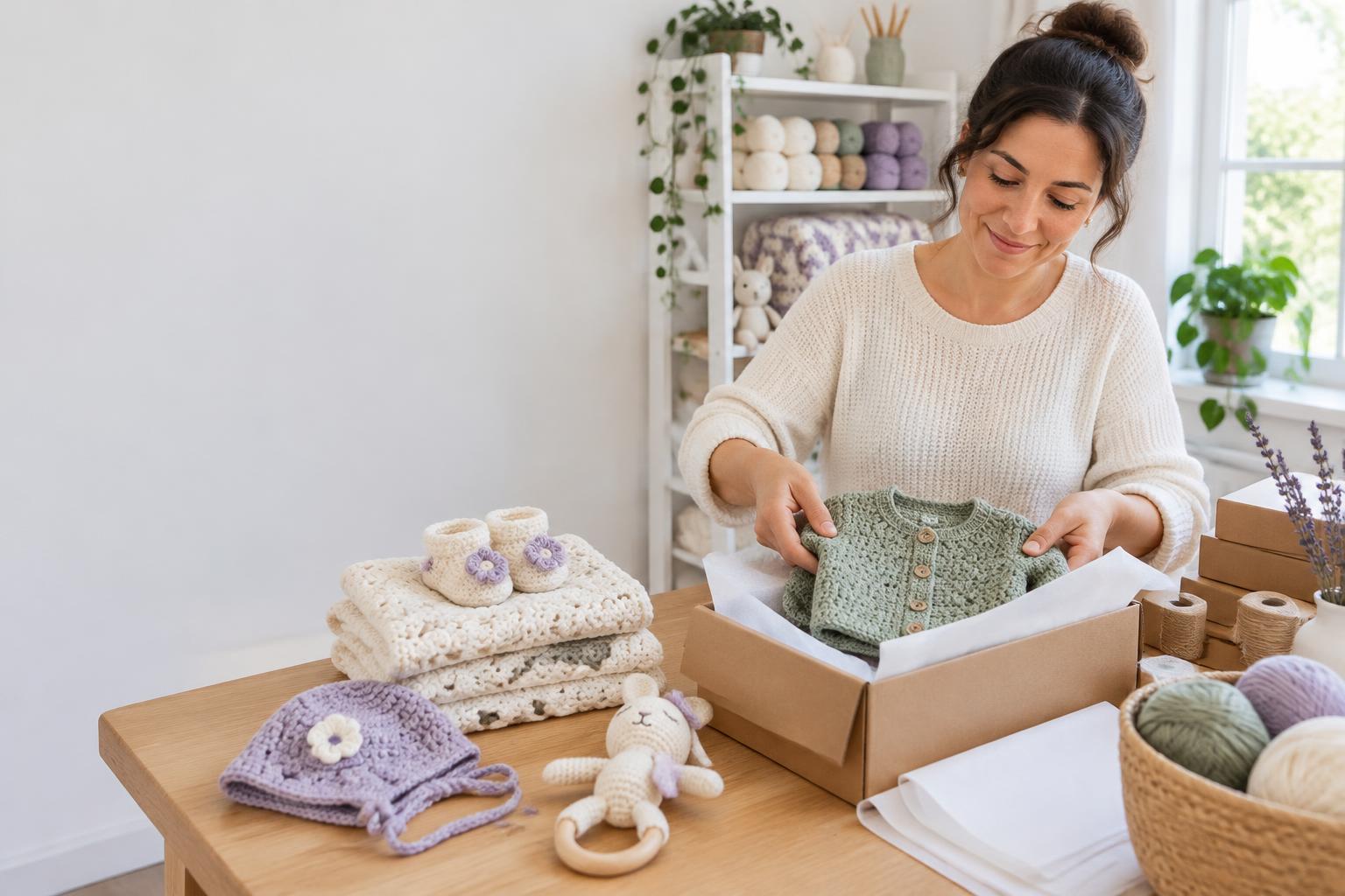Evde üretilen örgü ürünlerinin satış için paketlenmesi; temsili görsel